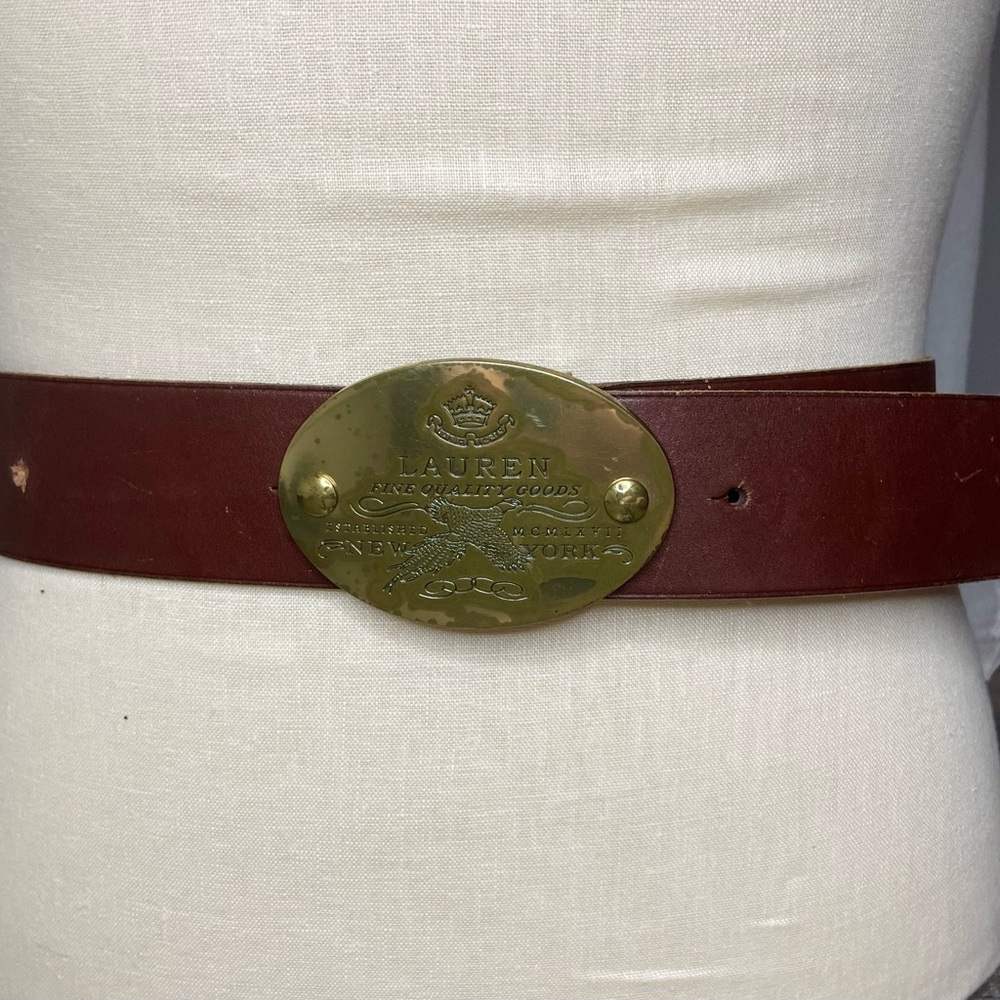 Ralph Lauren Belt, DARK BROWN Leather, Brass Plaque Eagle, MEDIUM